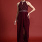 Halter Neck Printed Embroidered Culotte Jumpsuit with Belt