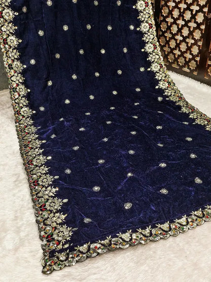Ethnic Motifs Embroidered Velvet Dupatta with Zari