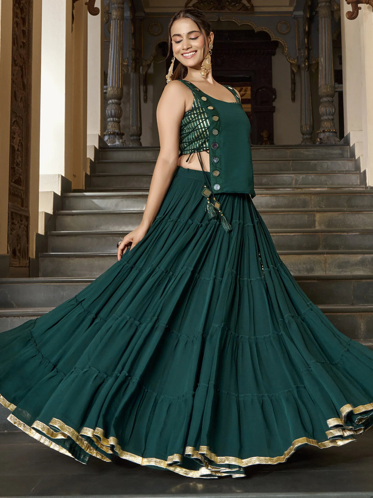 Mirror Work Chiffon Navratri Wear Crop Top Lehenga