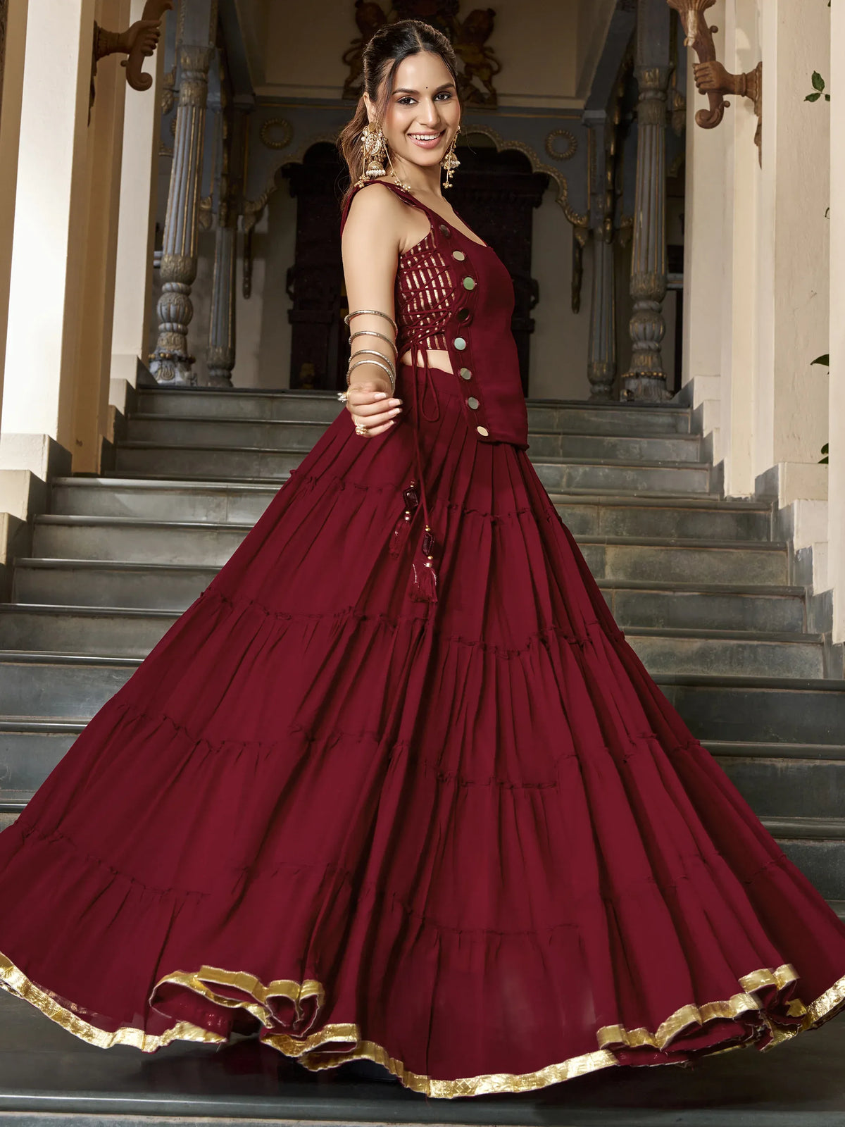 Mirror Work Chiffon Navratri Wear Crop Top Lehenga