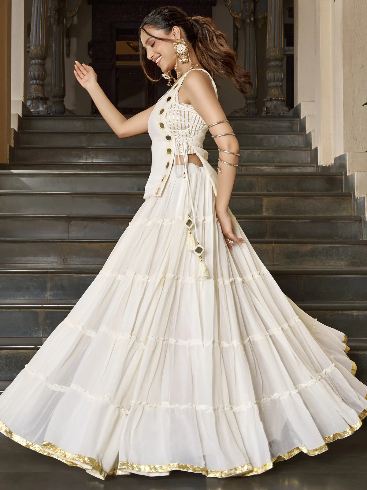 Mirror Work Chiffon Navratri Wear Crop Top Lehenga