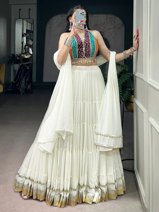 Classic White Georgette Navratri Wear Lehenga With Printed Choli