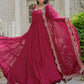 Rani Pink/ Black Georgette Wedding Wear Plain Gown With Dupatta