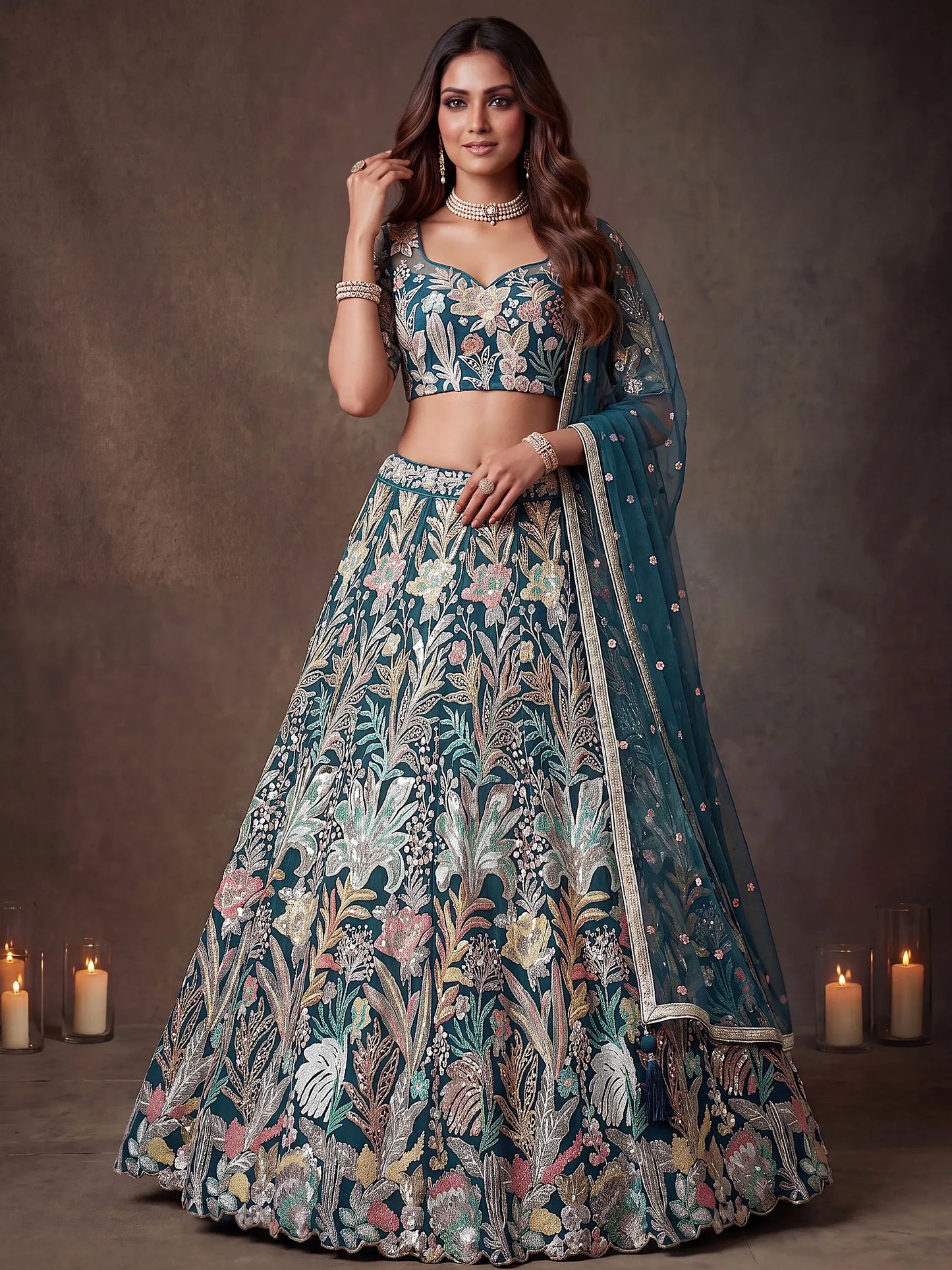 Sequins Net Engagement wear Lehenga Choli with Dupatta- Wine & Navy