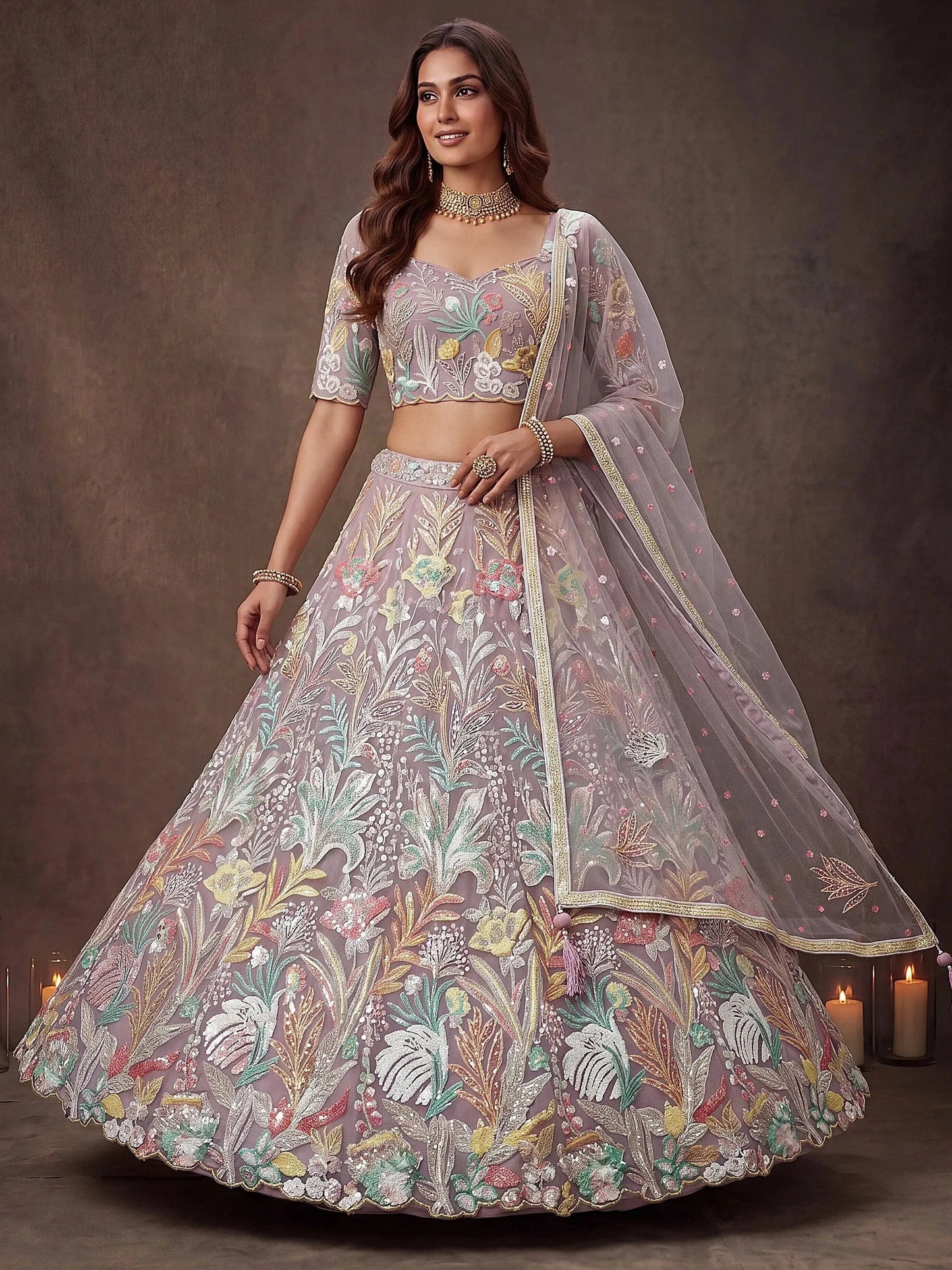 Sparkling Embroidered Net Marriage Wear Lehenga Choli - Pista Green & Lavender