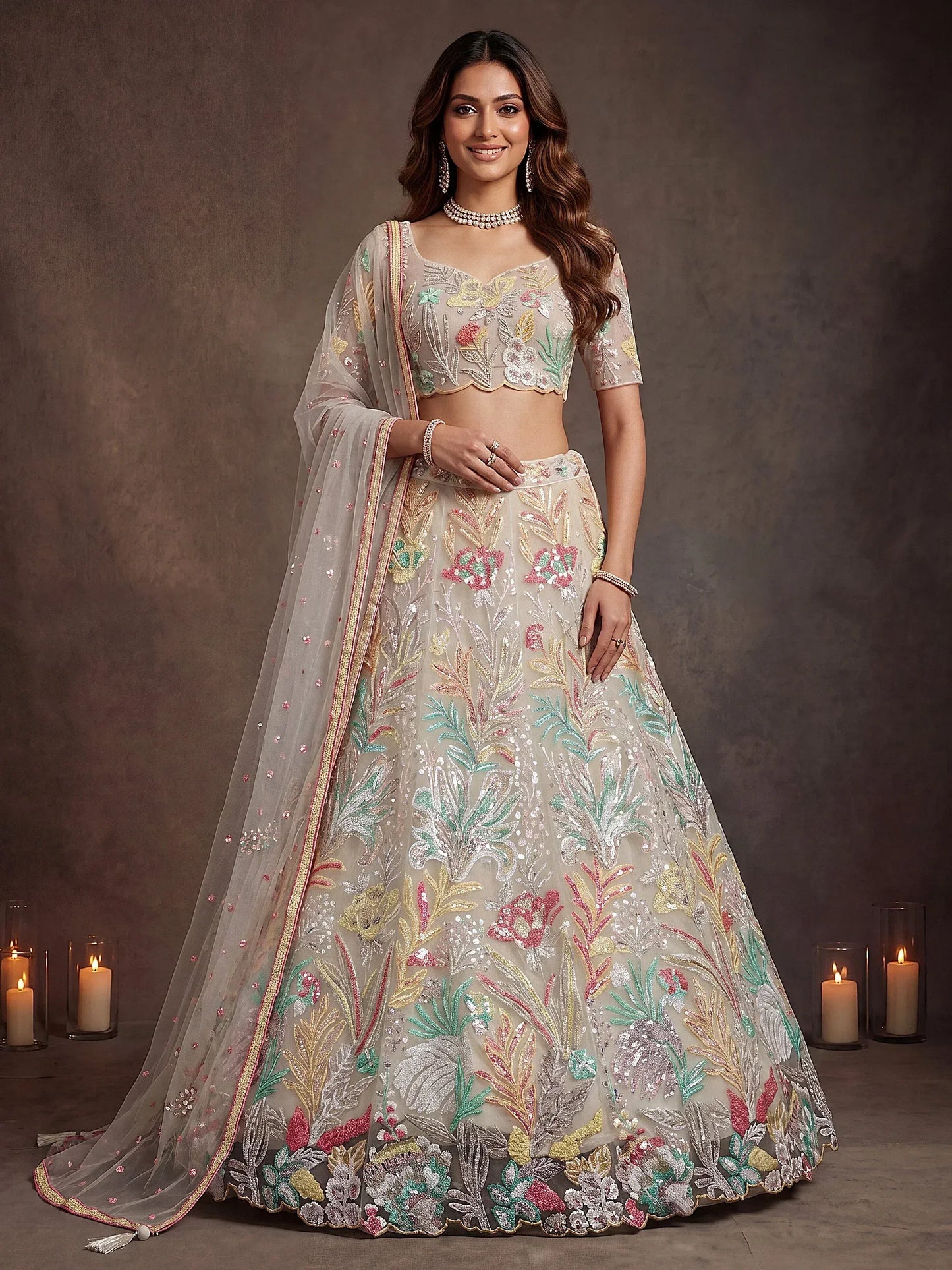 Sequins Off White Net Wedding & Party Wear Lehenga Choli