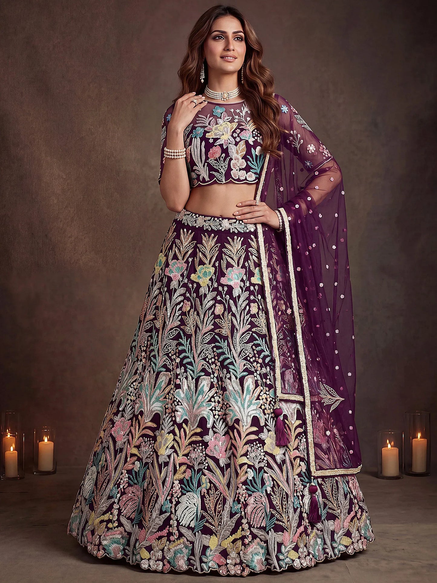 Sequins Net Engagement wear Lehenga Choli with Dupatta- Wine & Navy