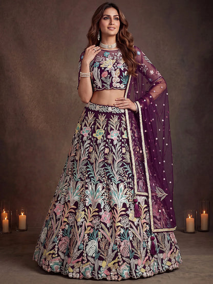 Sequins Net Engagement wear Lehenga Choli with Dupatta- Wine & Navy