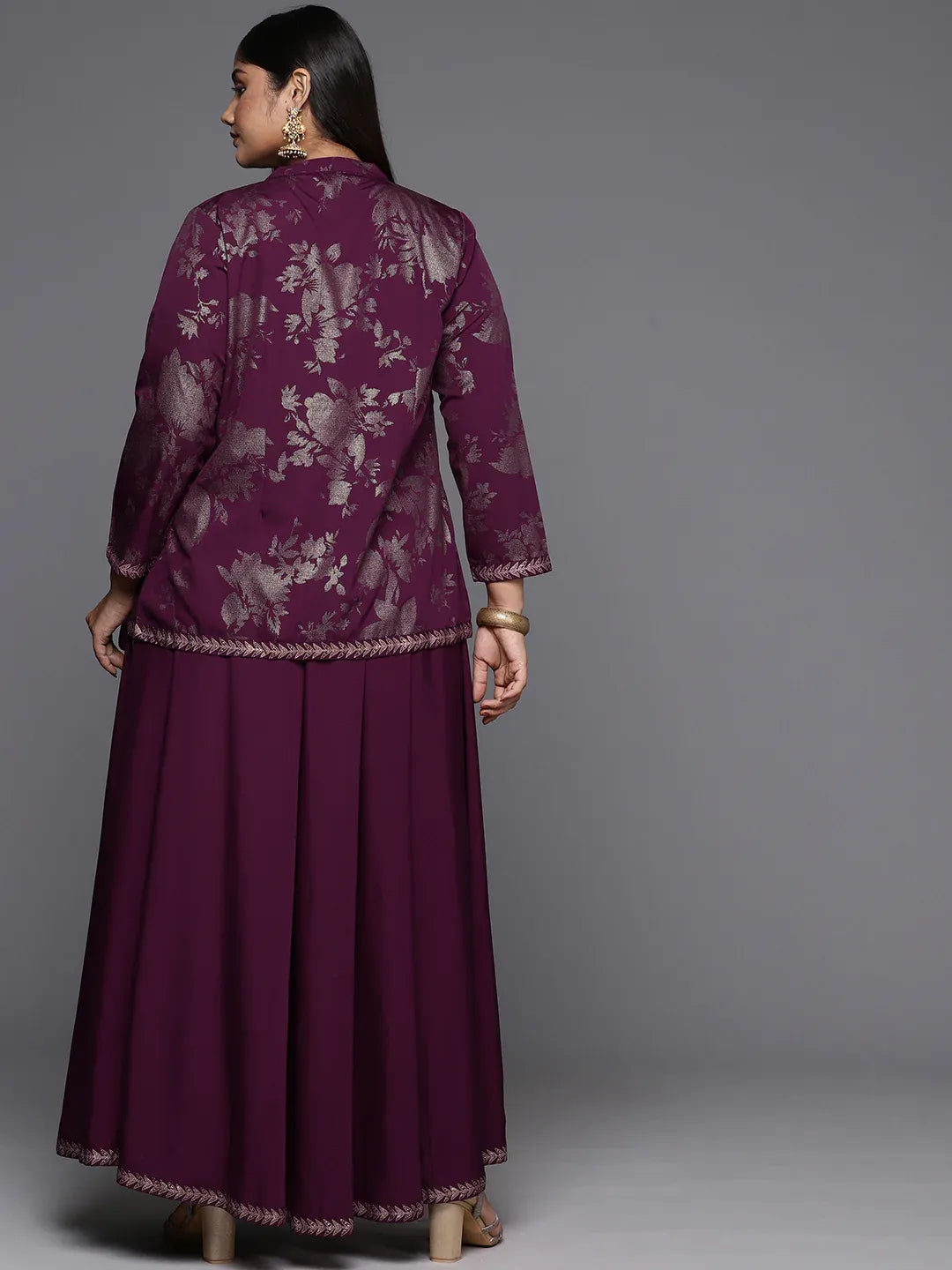 Plus size printed top and jacket with skirt co-ord set for women, view 8