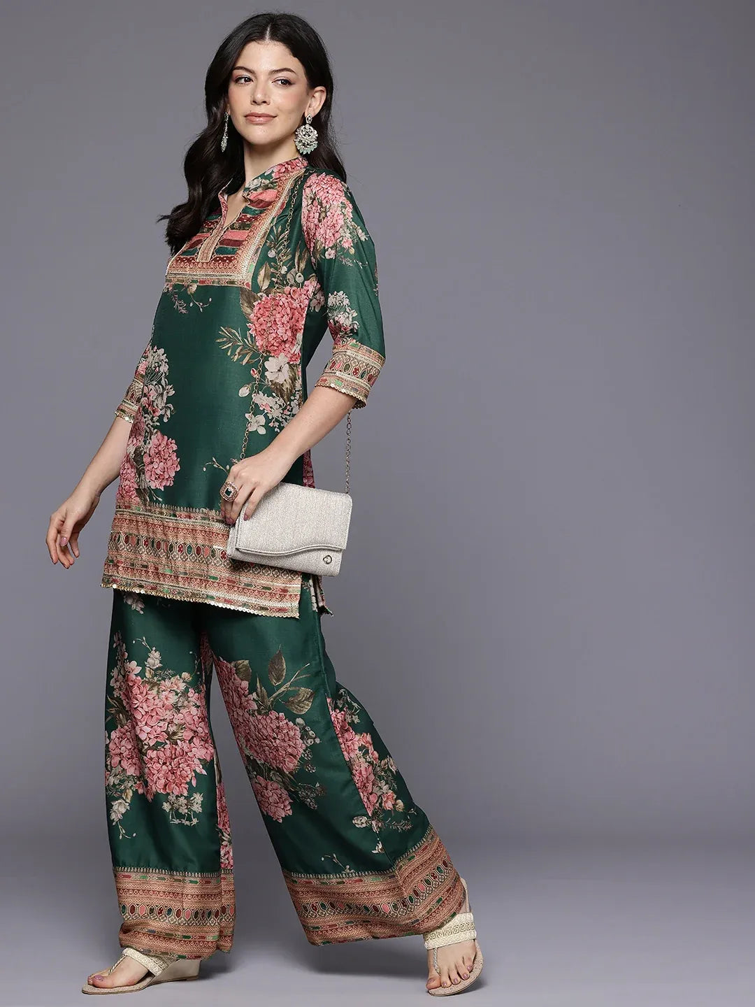 Printed Mandarin Collar Tunic with Palazzos