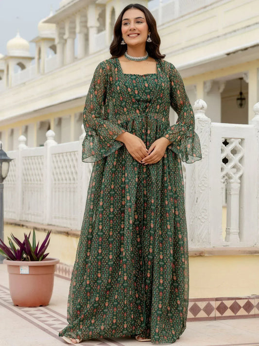 Bottle Green Digital Printed Georgette Designer Sharara Suit With Jacket
