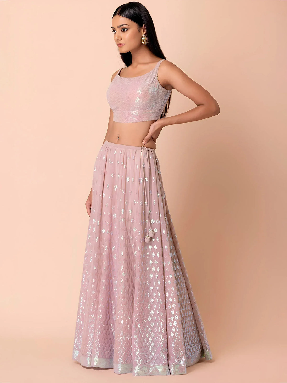 Fabulous Sky-Blue/Pink Embroidered Georgette Reception Wear Lehenga Choli