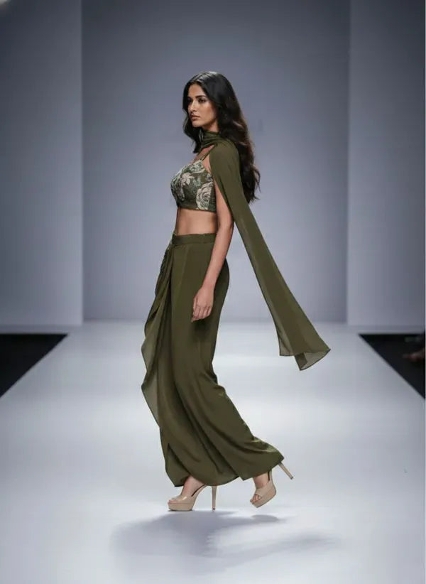 Women Crop Top Skirt Cape Indo Western Set
