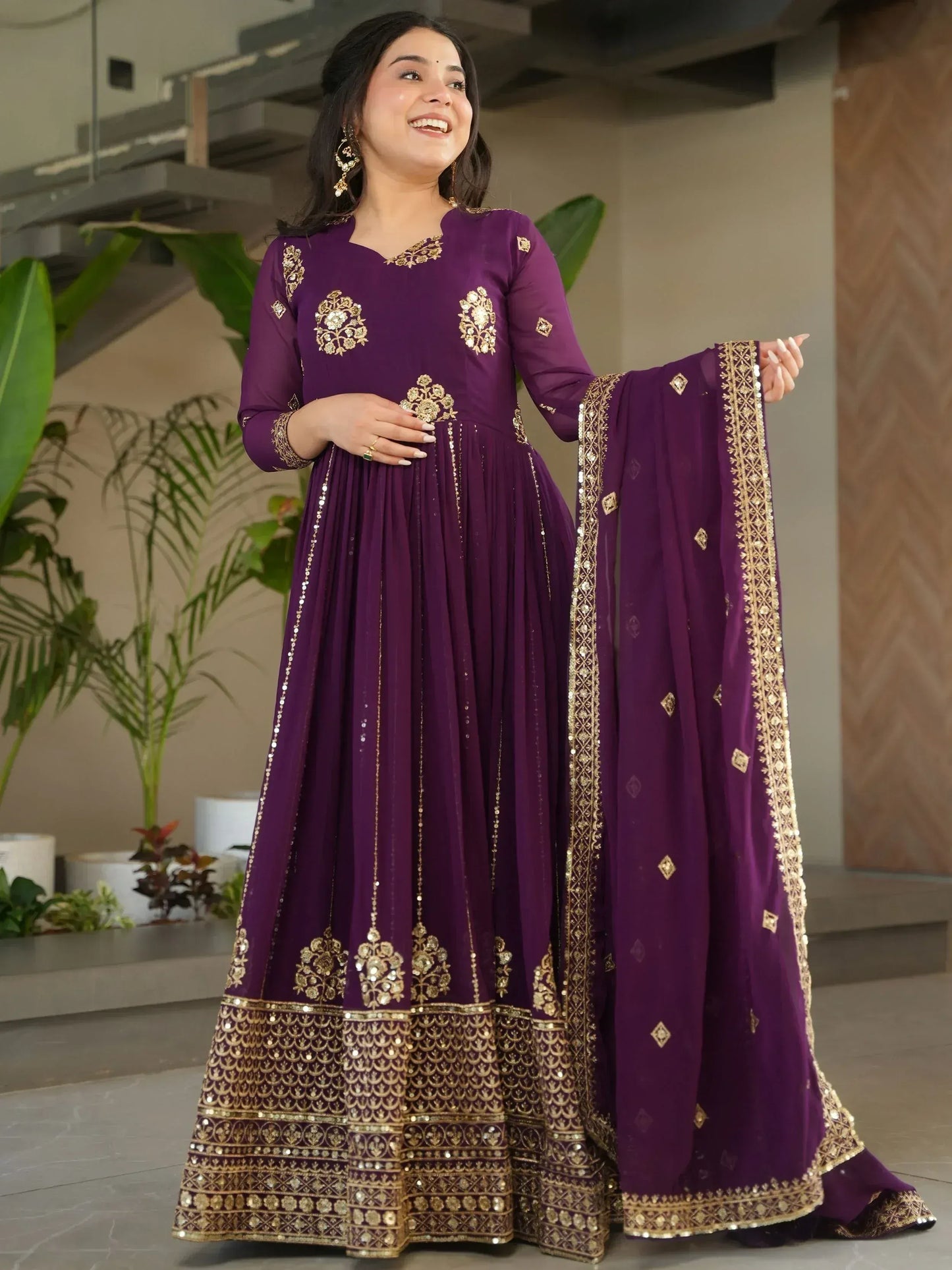 Intricate Georgette Sequins Embroidered Gown With Dupatta