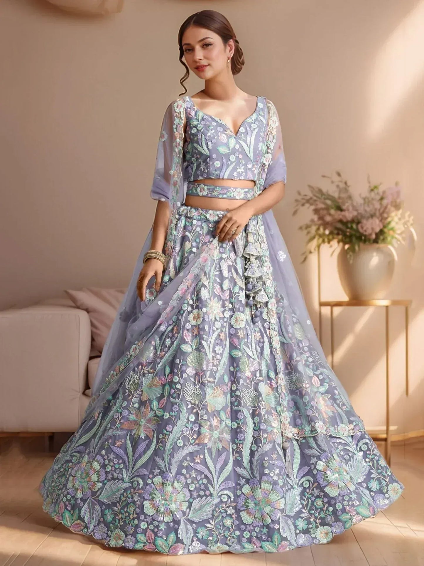 Pastels Embroidered Net Designer Lehenga Choli With Dupatta