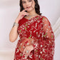 Thread Embroidered Net Party Wear Saree With Blouse - Black, Maroon, Rani Pink