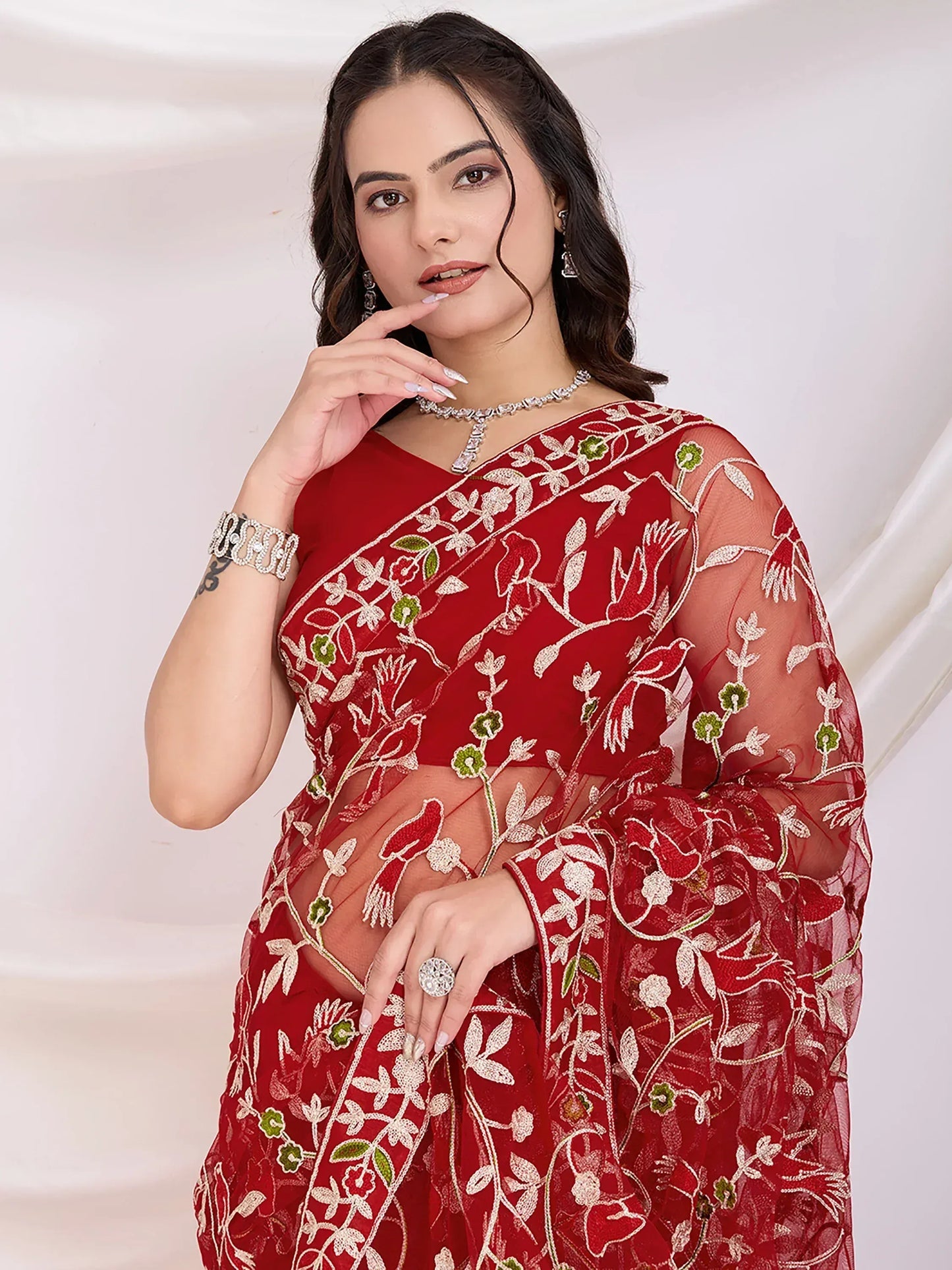 Thread Embroidered Net Party Wear Saree With Blouse - Black, Maroon, Rani Pink