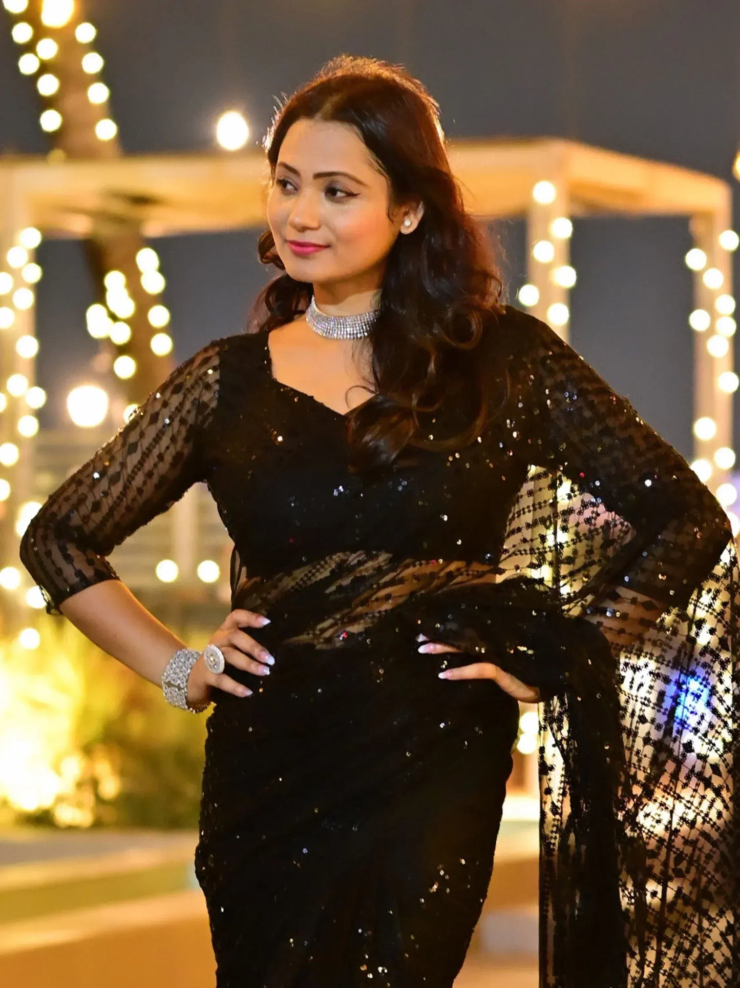 Black Sequins Work Net Party Wear Saree With Blouse