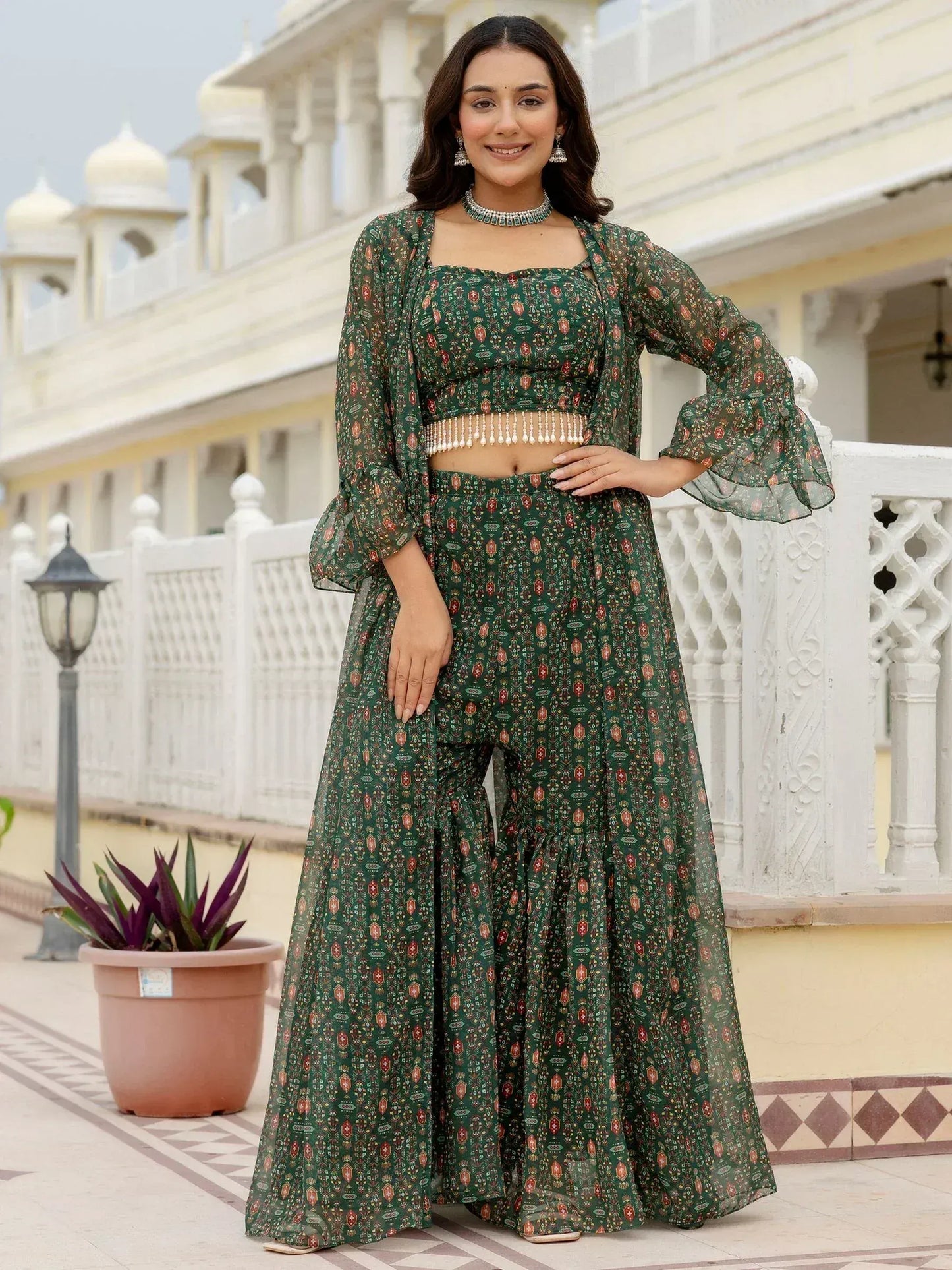 Bottle Green Digital Printed Georgette Designer Sharara Suit With Jacket