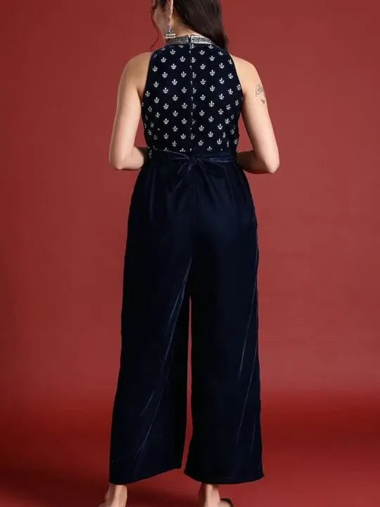Halter Neck Printed Embroidered Culotte Jumpsuit with Belt