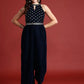 Halter Neck Printed Embroidered Culotte Jumpsuit with Belt