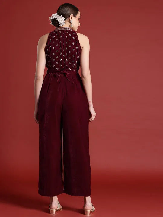 Halter Neck Printed Embroidered Culotte Jumpsuit with Belt