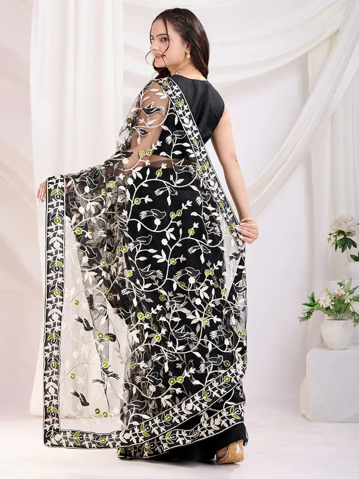 Thread Embroidered Net Party Wear Saree With Blouse - Black, Maroon, Rani Pink