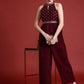 Halter Neck Printed Embroidered Culotte Jumpsuit with Belt