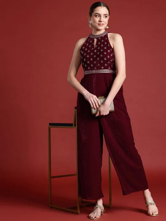 Halter Neck Printed Embroidered Culotte Jumpsuit with Belt