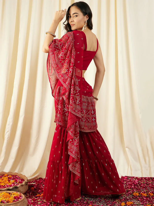 Crop Top with Sharara Saree and frill Dupatta in Ethnic Motifs