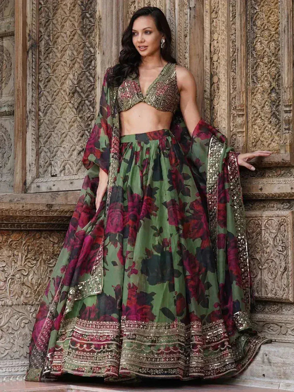 Green Floral Printed Organza Mehndi Wear Lehenga Choli