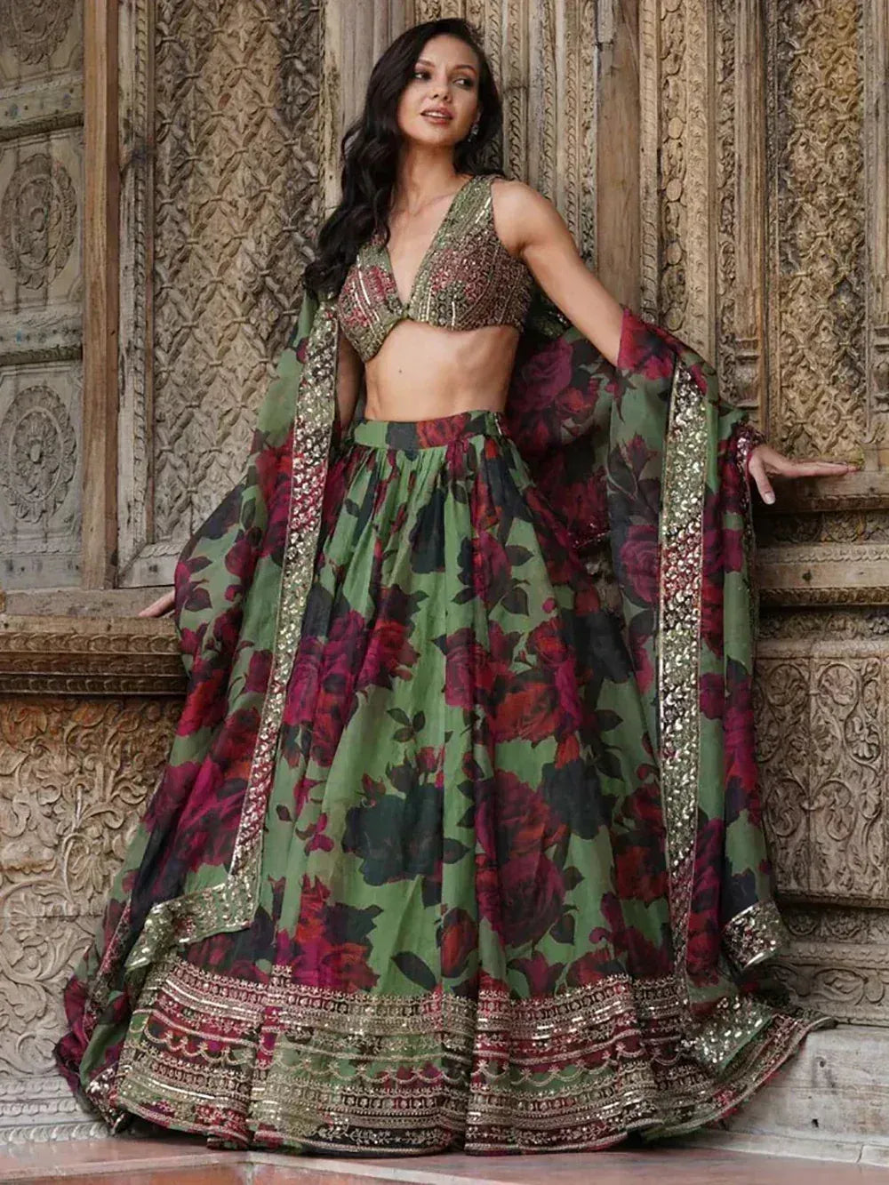 Green Floral Printed Organza Mehndi Wear Lehenga Choli