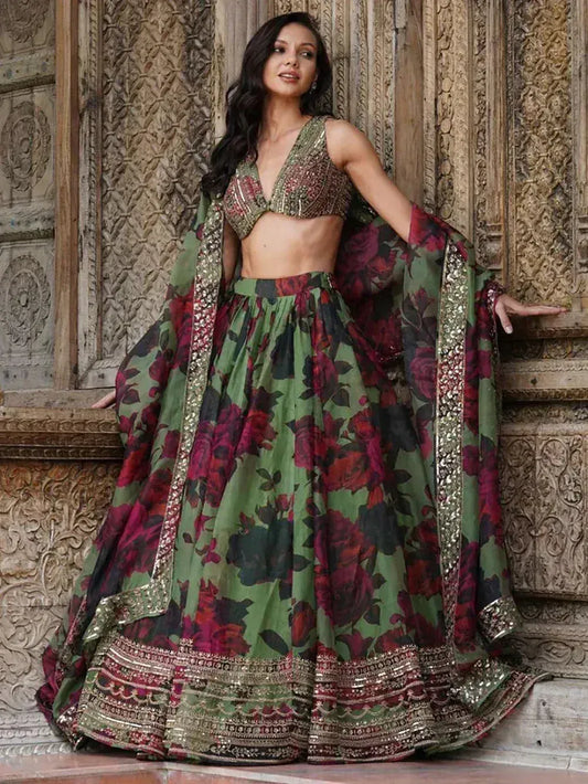 Green Floral Printed Organza Mehndi Wear Lehenga Choli