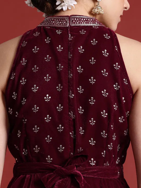 Halter Neck Printed Embroidered Culotte Jumpsuit with Belt