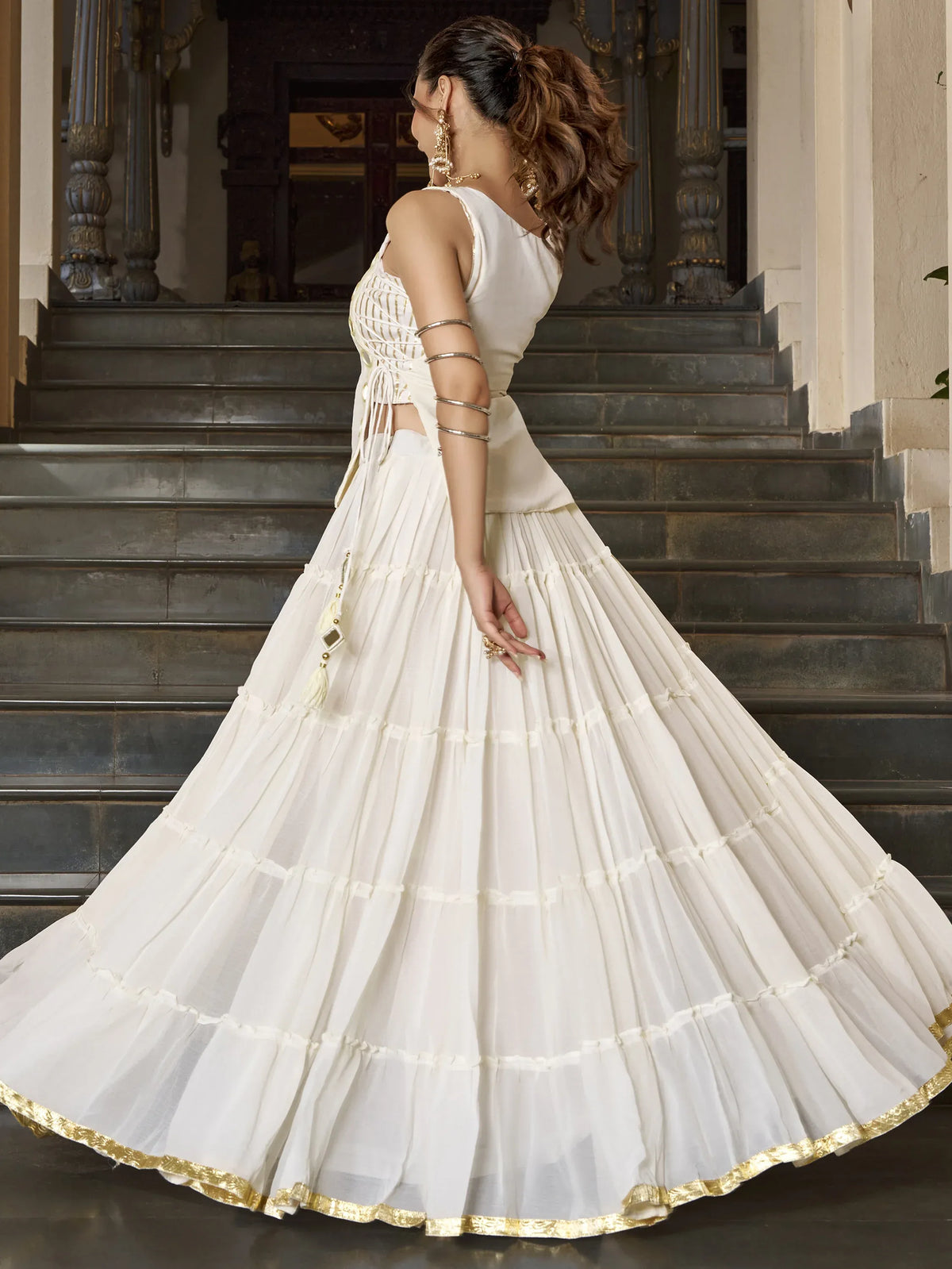 Mirror Work Chiffon Navratri Wear Crop Top Lehenga