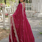 Rani Pink/ Black Georgette Wedding Wear Plain Gown With Dupatta