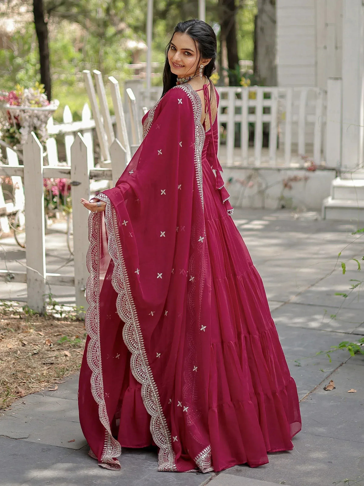 Rani Pink/ Black Georgette Wedding Wear Plain Gown With Dupatta