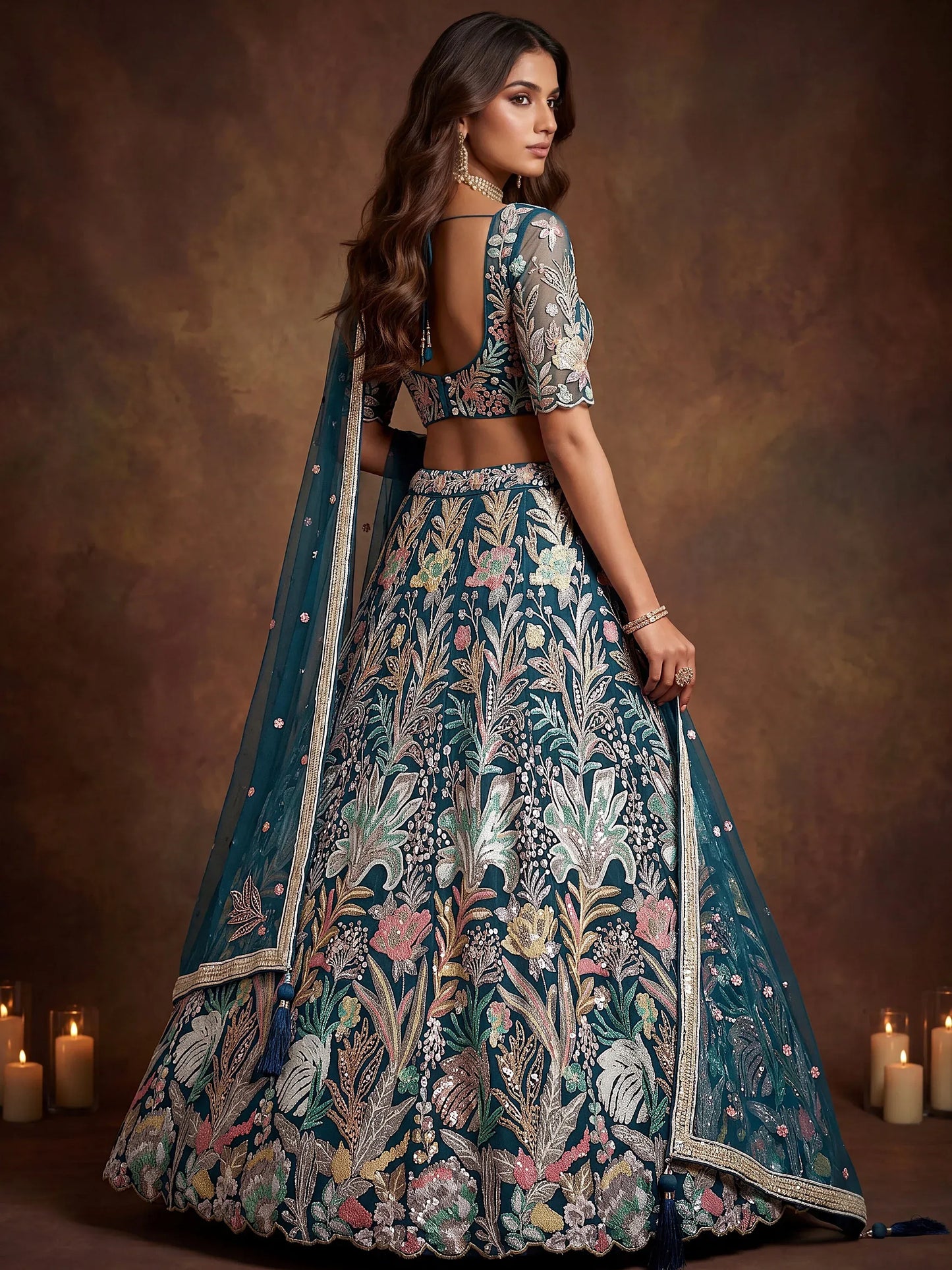 Sequins Net Engagement wear Lehenga Choli with Dupatta- Wine & Navy