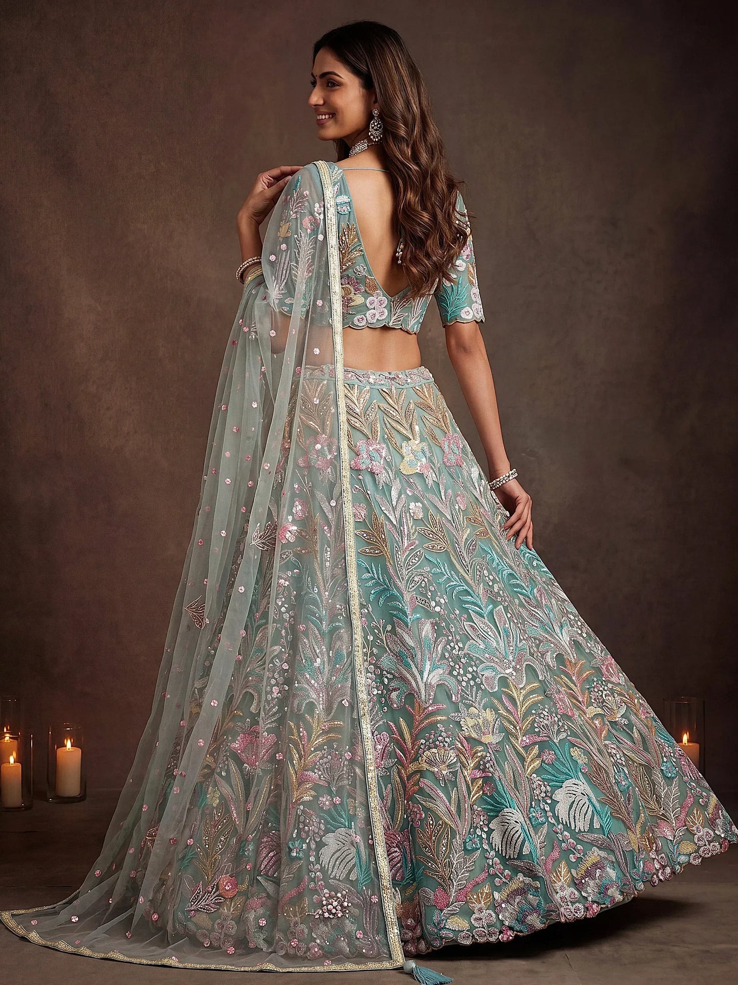 Sparkling Embroidered Net Marriage Wear Lehenga Choli - Pista Green & Lavender