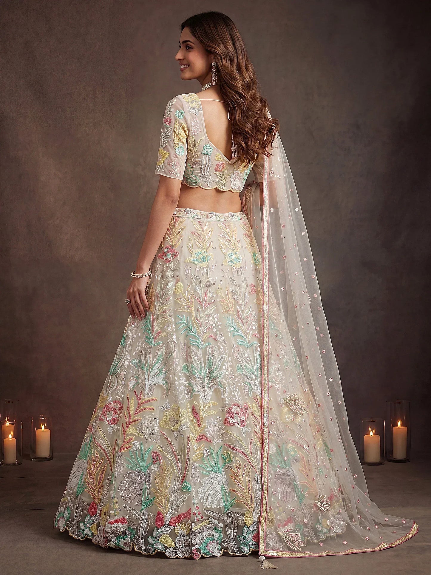 Sequins Off White Net Wedding & Party Wear Lehenga Choli