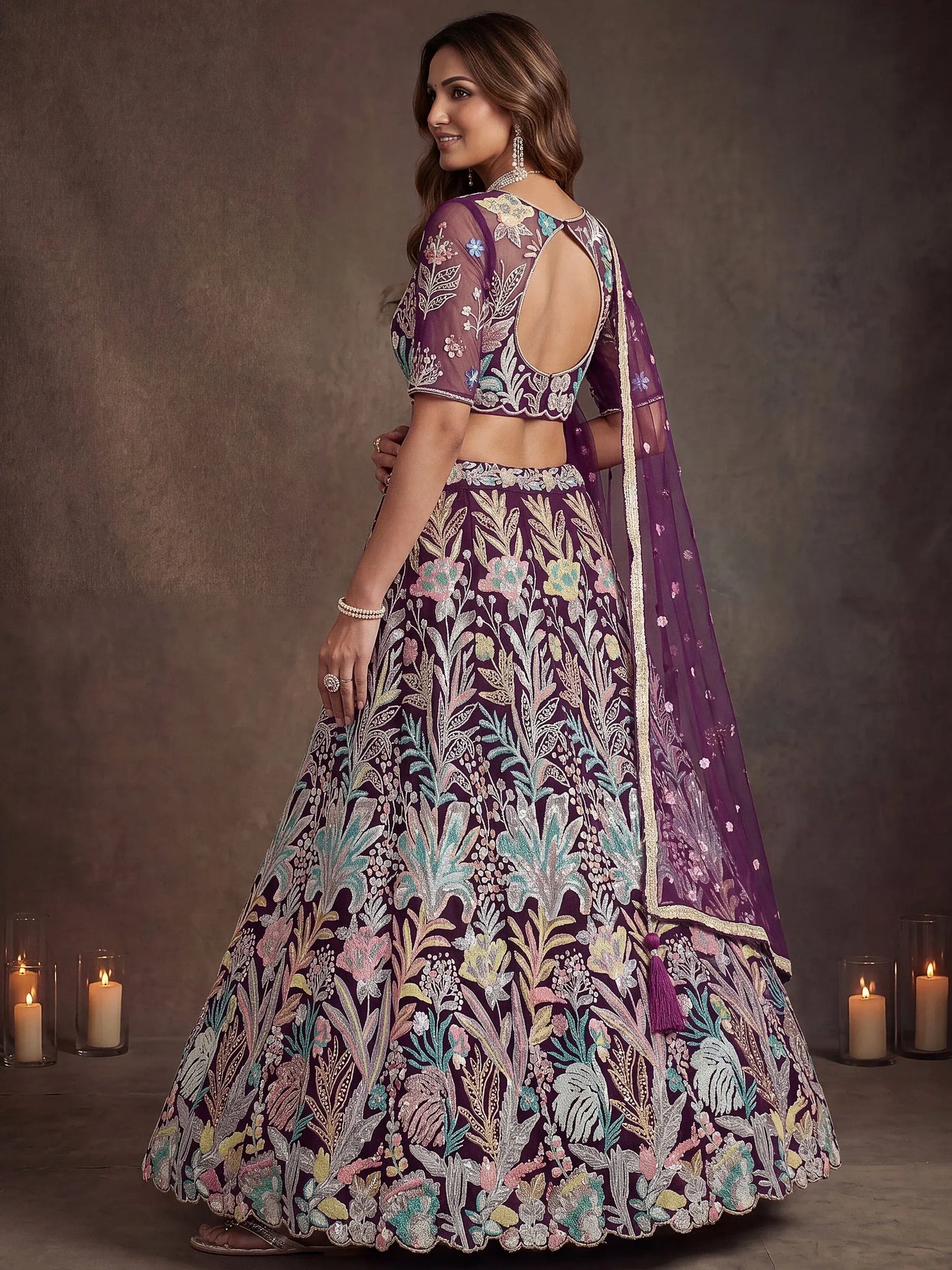 Sequins Net Engagement wear Lehenga Choli with Dupatta- Wine & Navy
