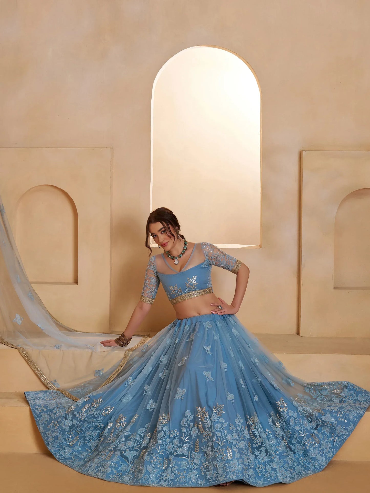 Pastel Sequins Net Embroidered Wedding Wear Lehenga Choli With Dupatta