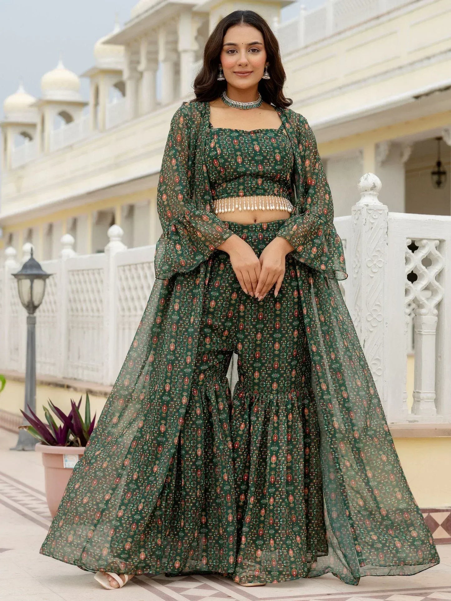 Bottle Green Digital Printed Georgette Designer Sharara Suit With Jacket