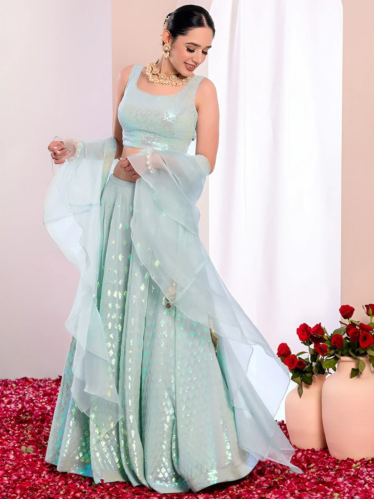 Fabulous Sky-Blue/Pink Embroidered Georgette Reception Wear Lehenga Choli