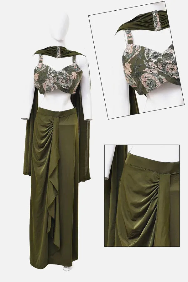 Women Crop Top Skirt Cape Indo Western Set