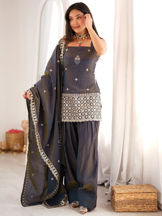 Admirable Grey Dori Embroidered Silk Festive Wear Salwar Suit