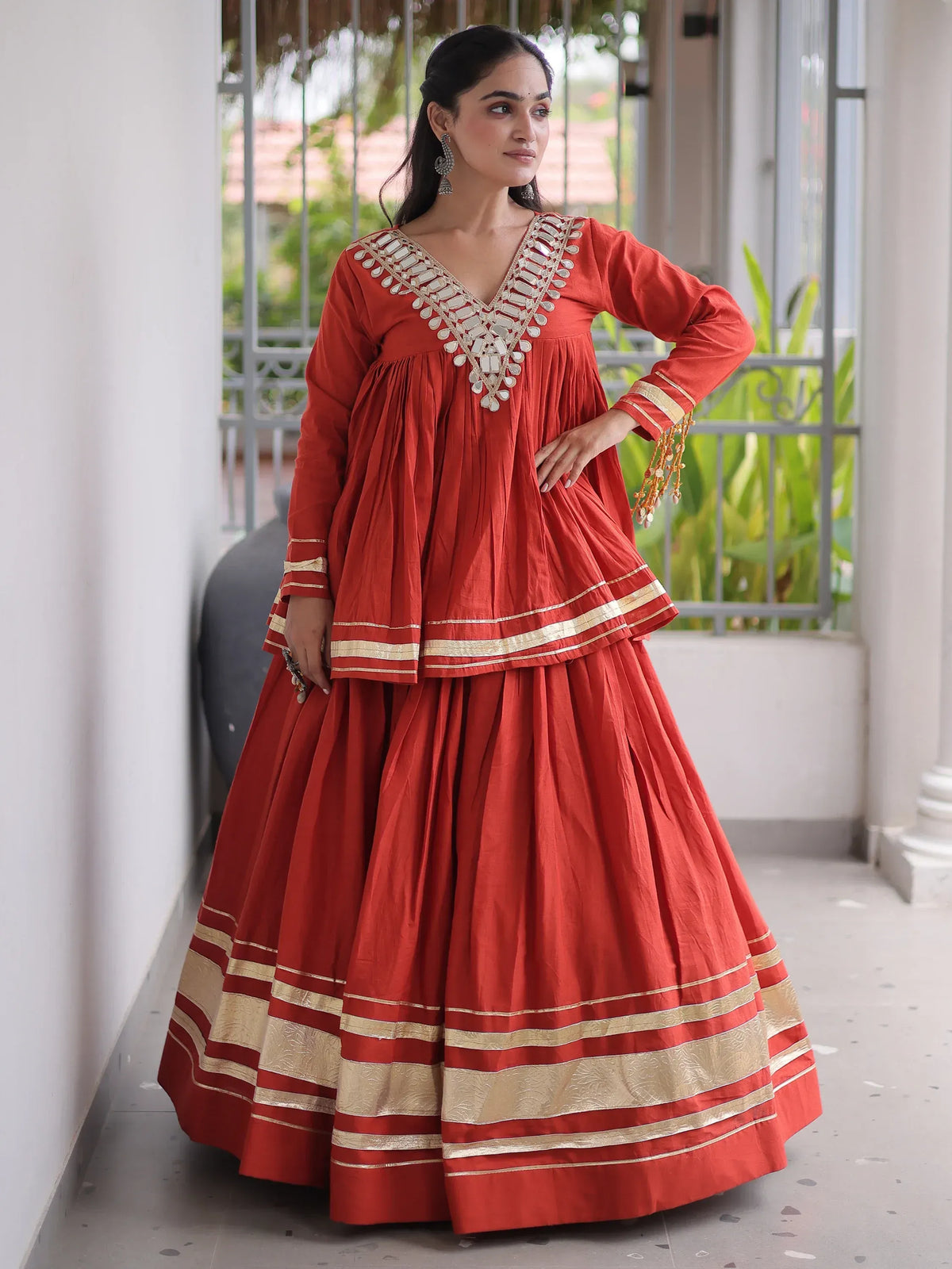 Green Gota-Laced Navratri Wear Lehenga With Peplum Top