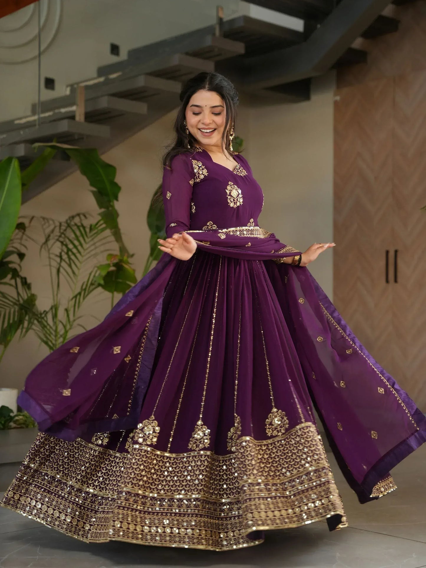 Intricate Georgette Sequins Embroidered Gown With Dupatta