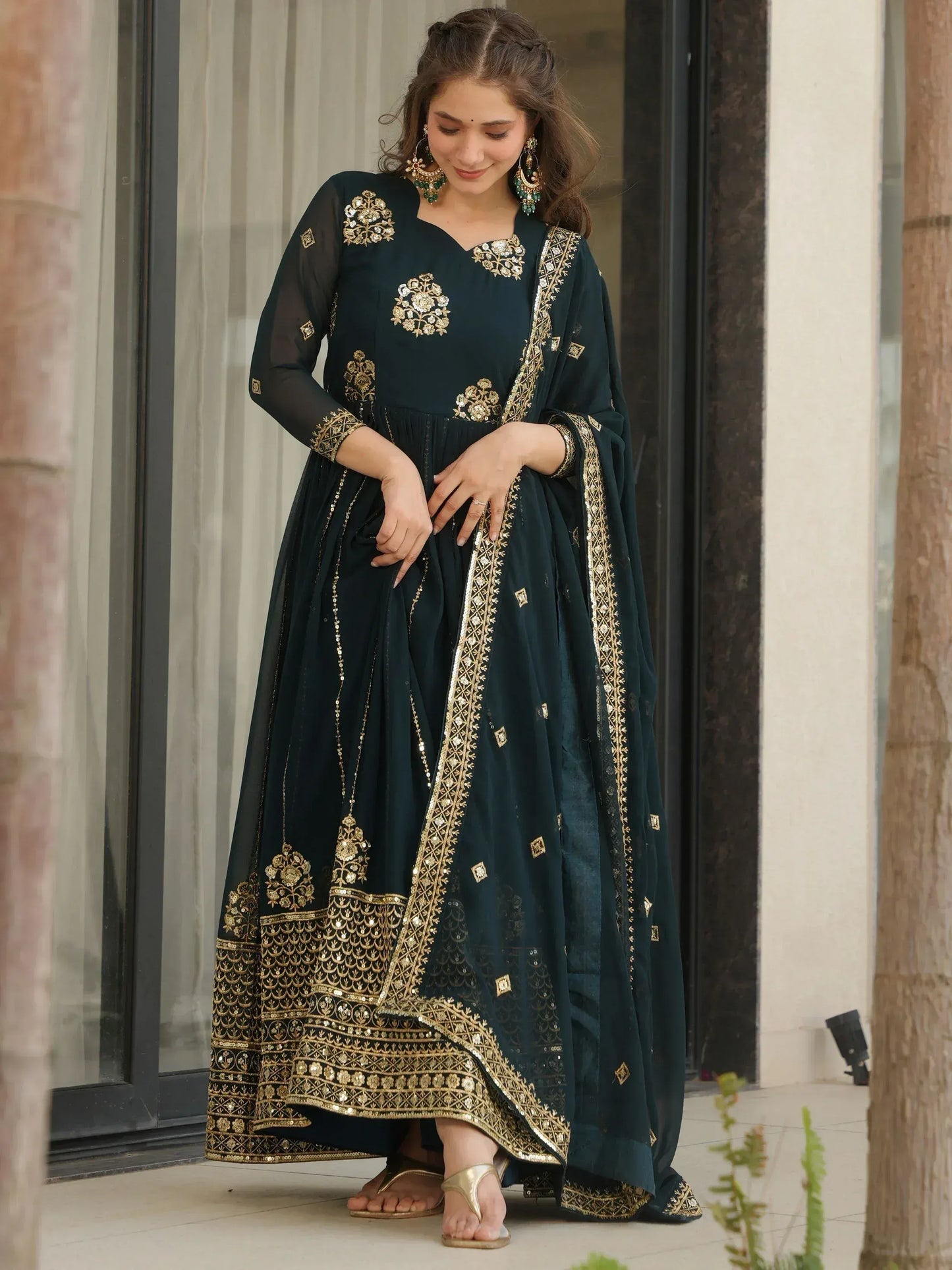 Intricate Georgette Sequins Embroidered Gown With Dupatta