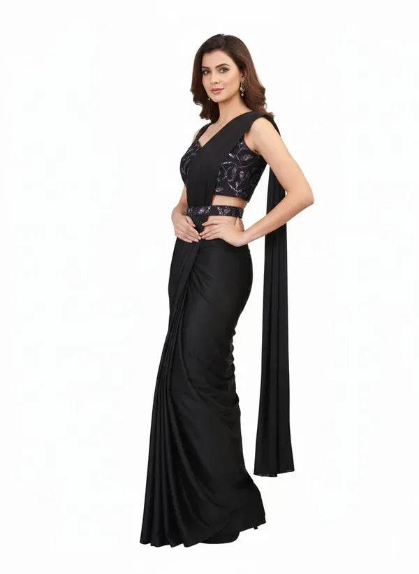 Embellished Solid Plain Pre Draped Saree Lycra Saree Black